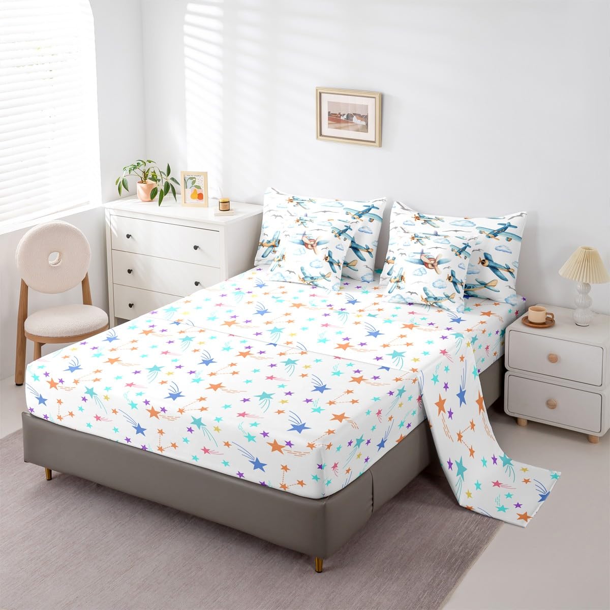 Erosebridal Boys Cartoon Propeller Plane Twin 7 Pcs Bedding Set, Aircraft Airplane Comforter Set with Sheets, Blue Clouds Bed in A Bag for Kids Girls Adults Bedroom, Flying Birds Animals Bed Sets