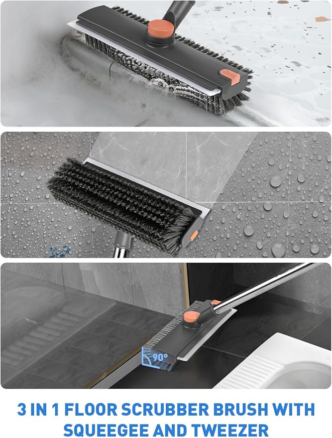 Floor Scrub Brush with Long Handle, 3 in 1 Multi-Angle Heavy Duty Stiff Bristle