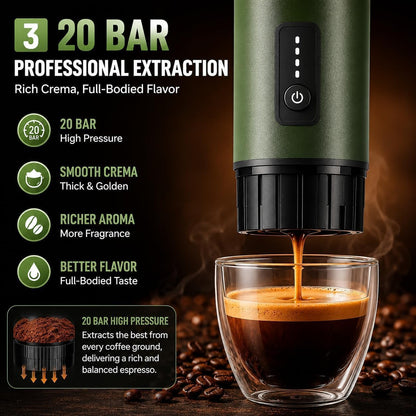 3-in-1 Portable Espresso Machine, Self-Heating Coffee Maker with 20 Bar Pressure, Compatible with Ground Coffee & NS/DG Style Capsules, 7500mAh Battery, USB-C Fast Charging for Travel, Camping & Car