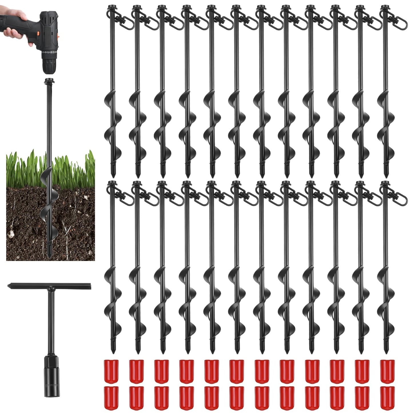 Reginary 24 Pcs Ground Anchors Screw in Tent Stakes Heavy Duty Trampoline Anchors High Wind for Camping Canopy Carport Sheds Beach Sand Stakes Metal Swing Set (Black)