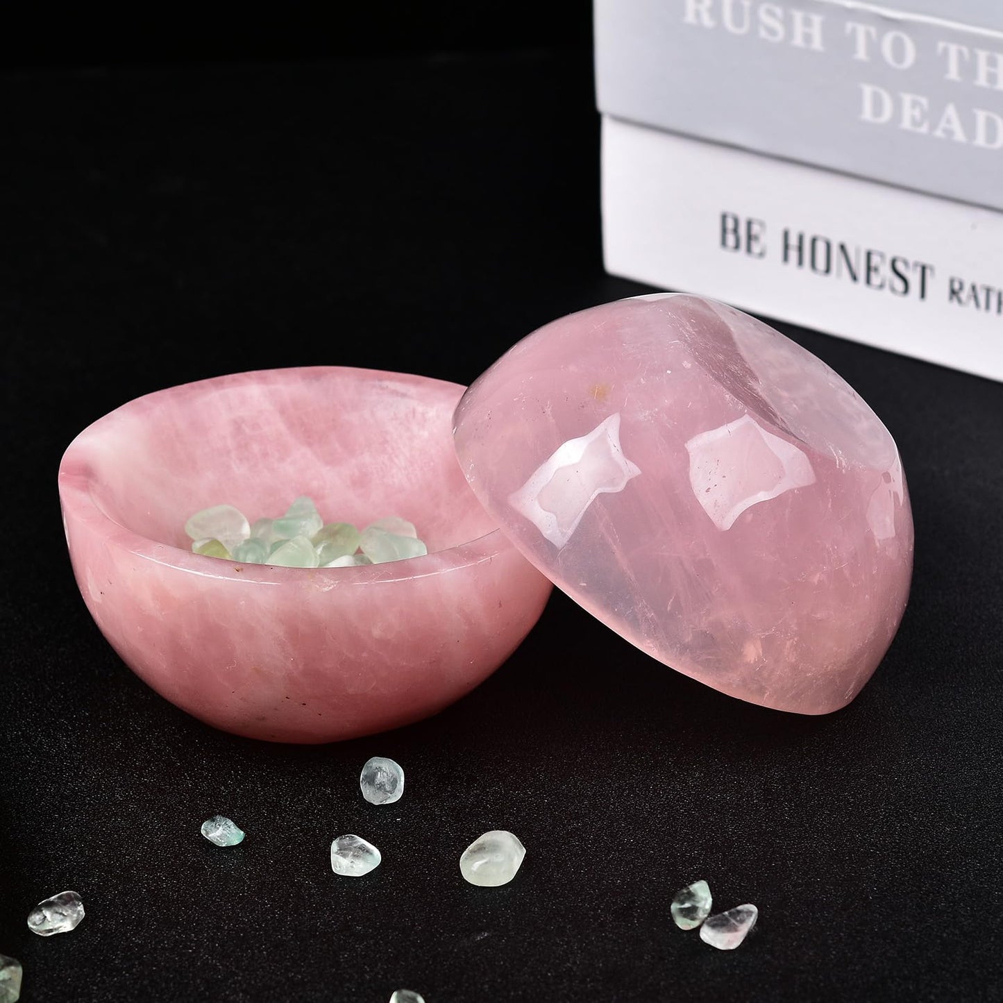 MOGEMT Large Rose Quartz Crystal Bowl Hand-Carved Round Pink Crystals Gemstone Bowl Reiki Healing Home Decoration Gift 4-4.5"