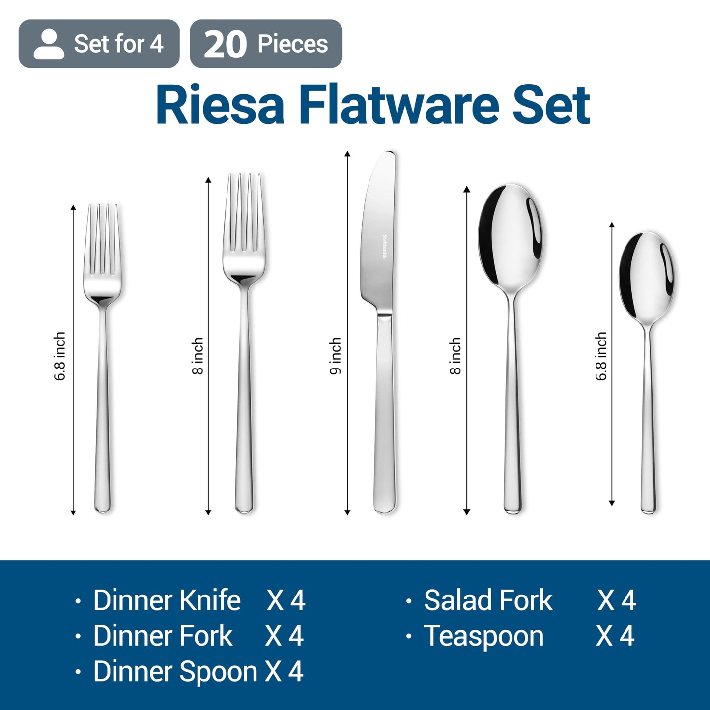 Stahlsmith Riesa Flatware Set for 4, 20-Piece 18/10 Stainless Steel Silverware Set, Modern Cutlery Set with Mirror Finish, Dishwasher Safe Kitchen Utensils, House Warming Gifts New Home