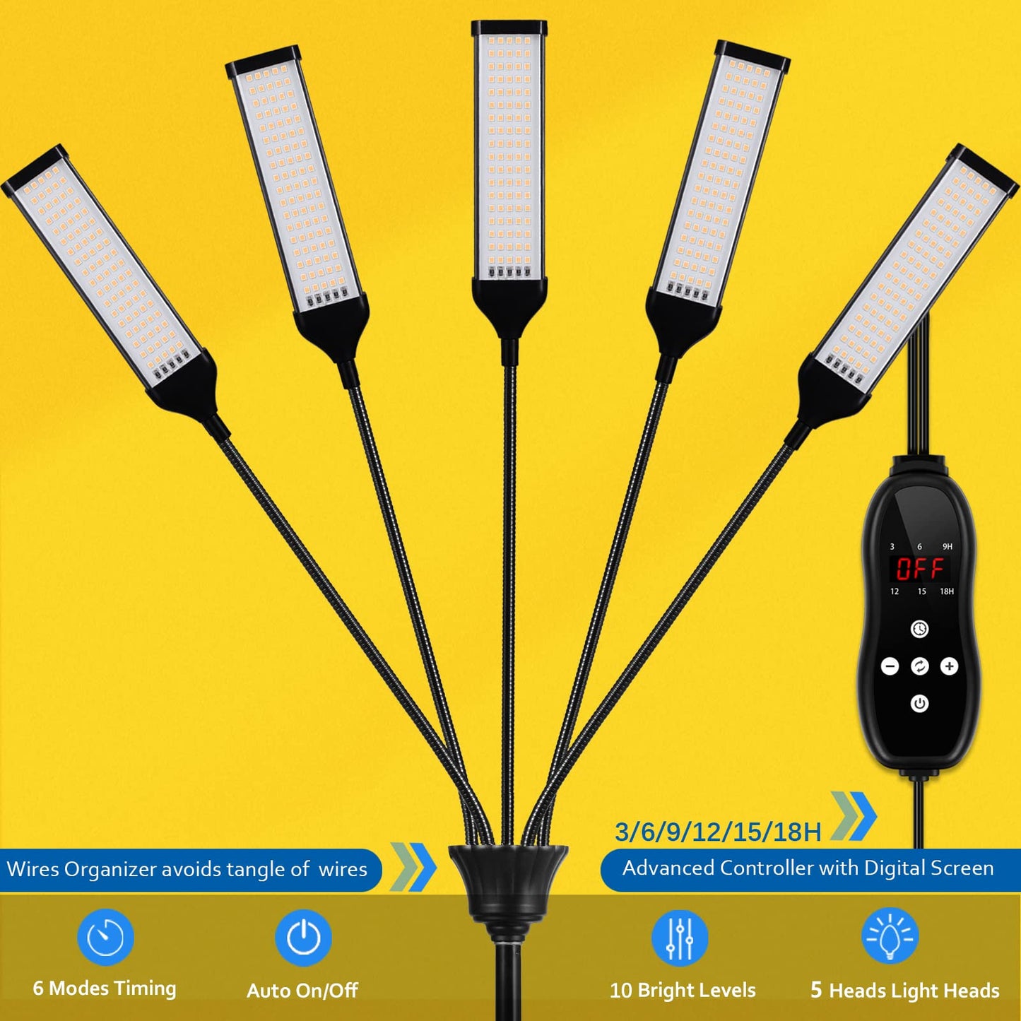 Grow Lights for Indoor Plants, Aukphie Full Spectrum led Grow Light with Stand, Auto On/Off Timing 3/6/9/12/15/18H & 10 Brightness Levels.