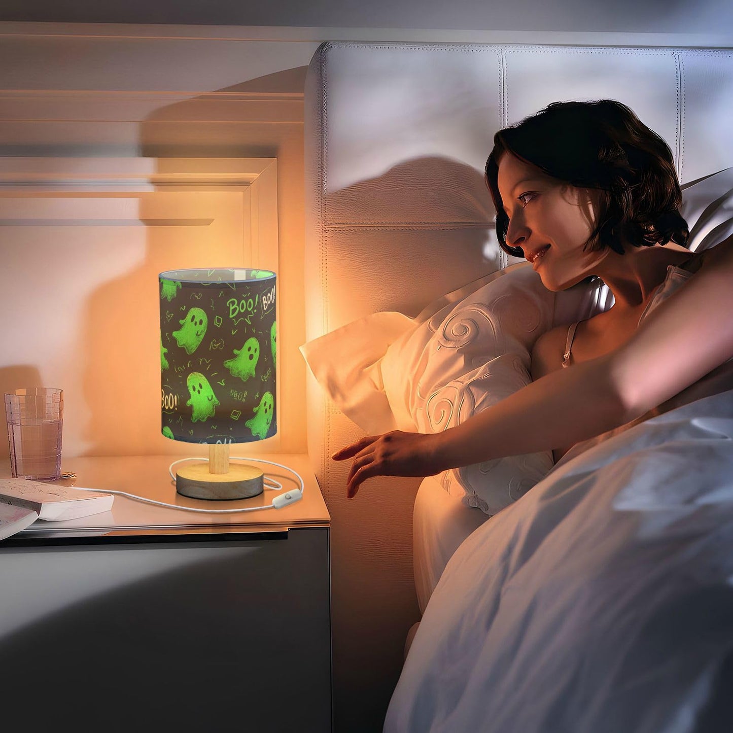 Dussdil Halloween Green Ghost Table Lamp Bedroom Bedside Night Reading Desk Lamps Cylinder Nightstand Sleeping Light Lamp for Kids Living Room Office Decor