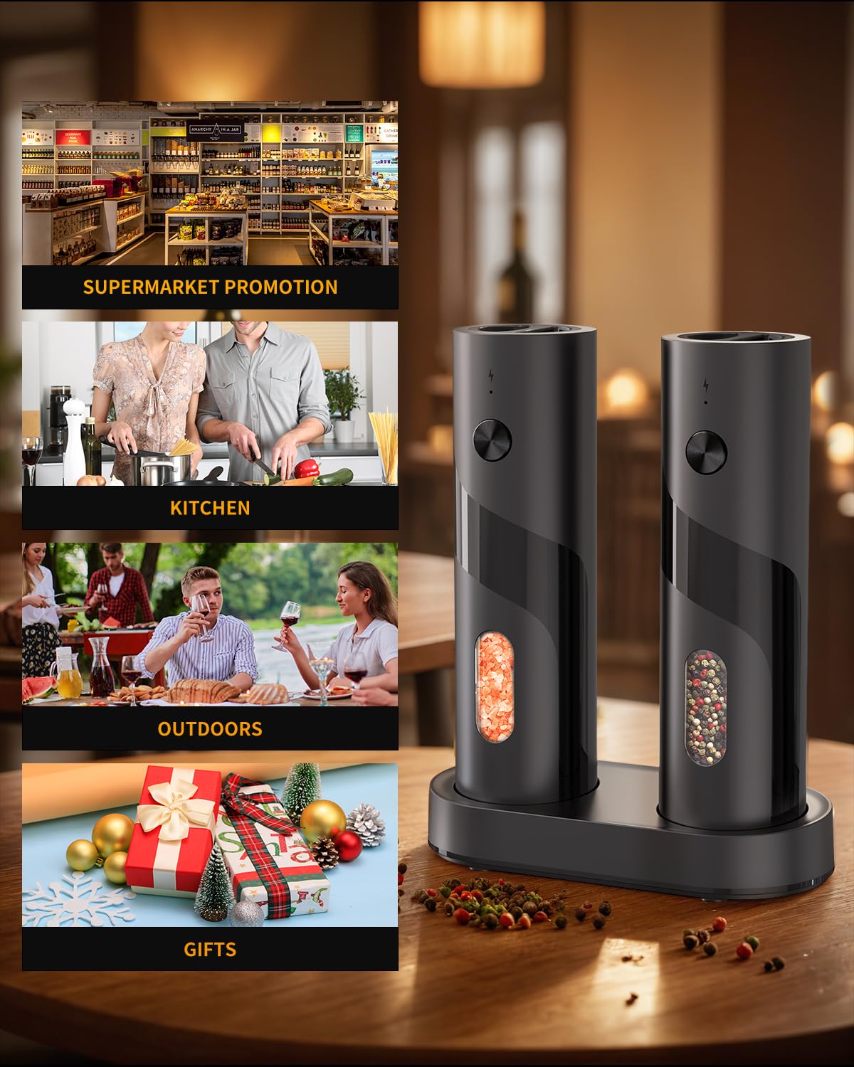 CIRCLE JOY Rechargeable Electric Salt and Pepper Grinder Set Automatic Pepper Mill Grinders with Charging Base, Adjustable Coarseness, 110ml Capacity and White LED Light, Black