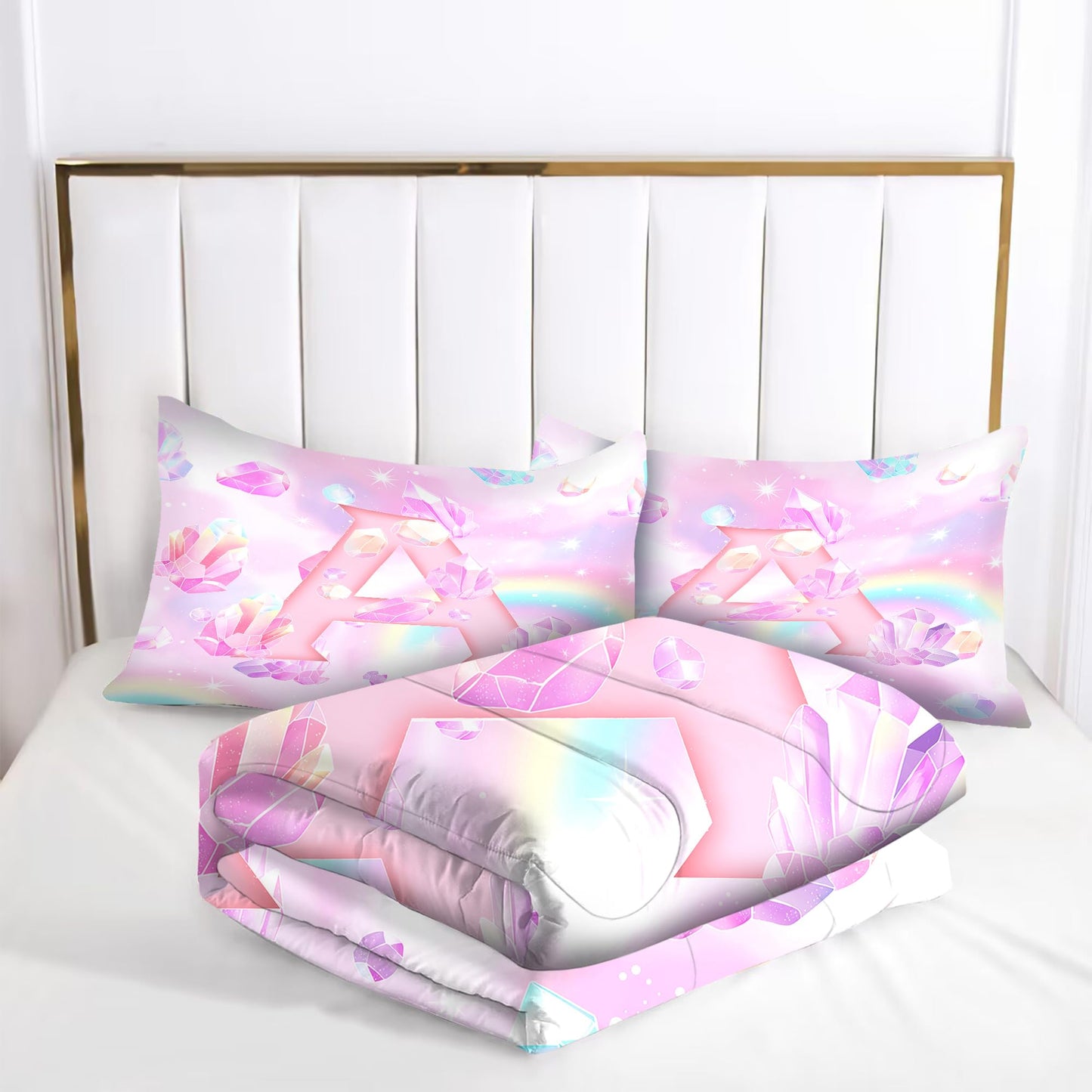 VTKON Pink Crystal Comforter Set for Kids Girls Full Size 3 Piece Initial Letter A Bedding Set Glitter Rainbow Alphabet Bed Sets Sparkle Gemstone Bedroom Decor with 2 Pillow Cases