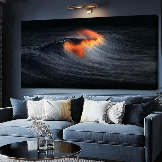 YETHEN WAL Dark Ocean Wave Wall Art Sunset Fire Canvas Prints Abstract Seascape Artwork for Living Room Bedroom Office Decor 24x48 Inch