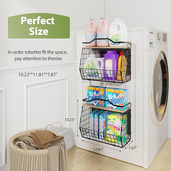 Magnetic Shelf for Fridge with Wood Lid, 2 Tier Fruit Baskets Wall Mounted