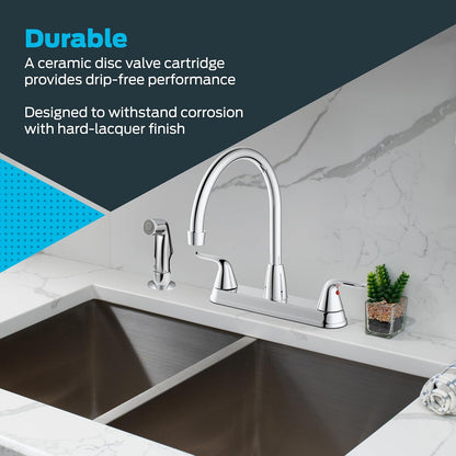 EZ-FLO Two-Handle High-Rise Kitchen Faucet with Sidespray, Stainless Steel, EZ-10203
