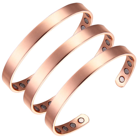 Earth Therapy - The Original 100% Pure Copper Minimalist Shiny Bracelet with Ultra Strength Magnets - 3 Cuff Value Set - Unisex - Adjustable