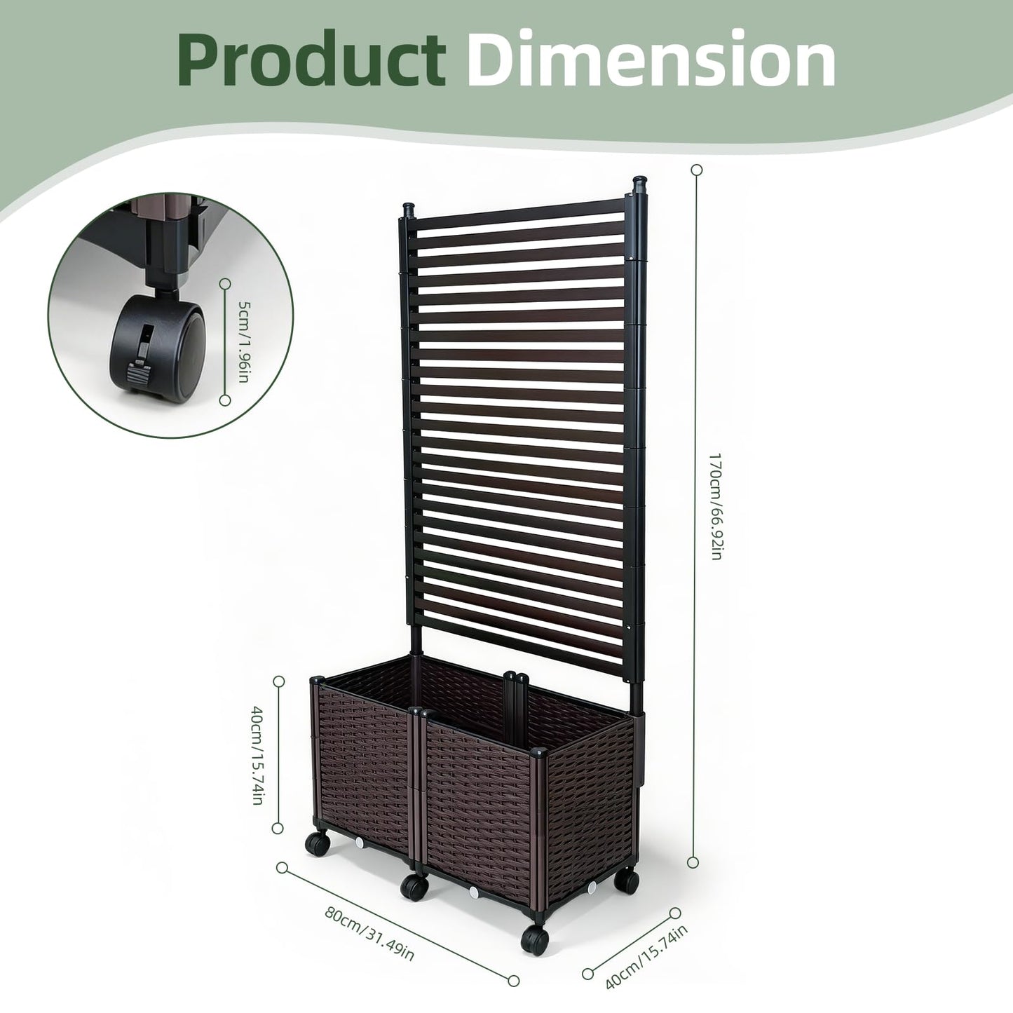 BorealBear Privacy Screen with Resin Wicker Planter Box, 67" Slatted Steel Raised Garden Bed with Trellis, Lockable Wheels, Outdoor Climbing Plants, Patio, Balcony and Yard