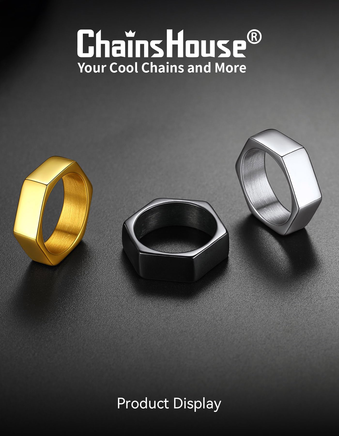 ChainsHouse Men's Punk Stainless Steel Gothic Screw Edge Hexagon Geometric Biker Ring Bands, Size 12