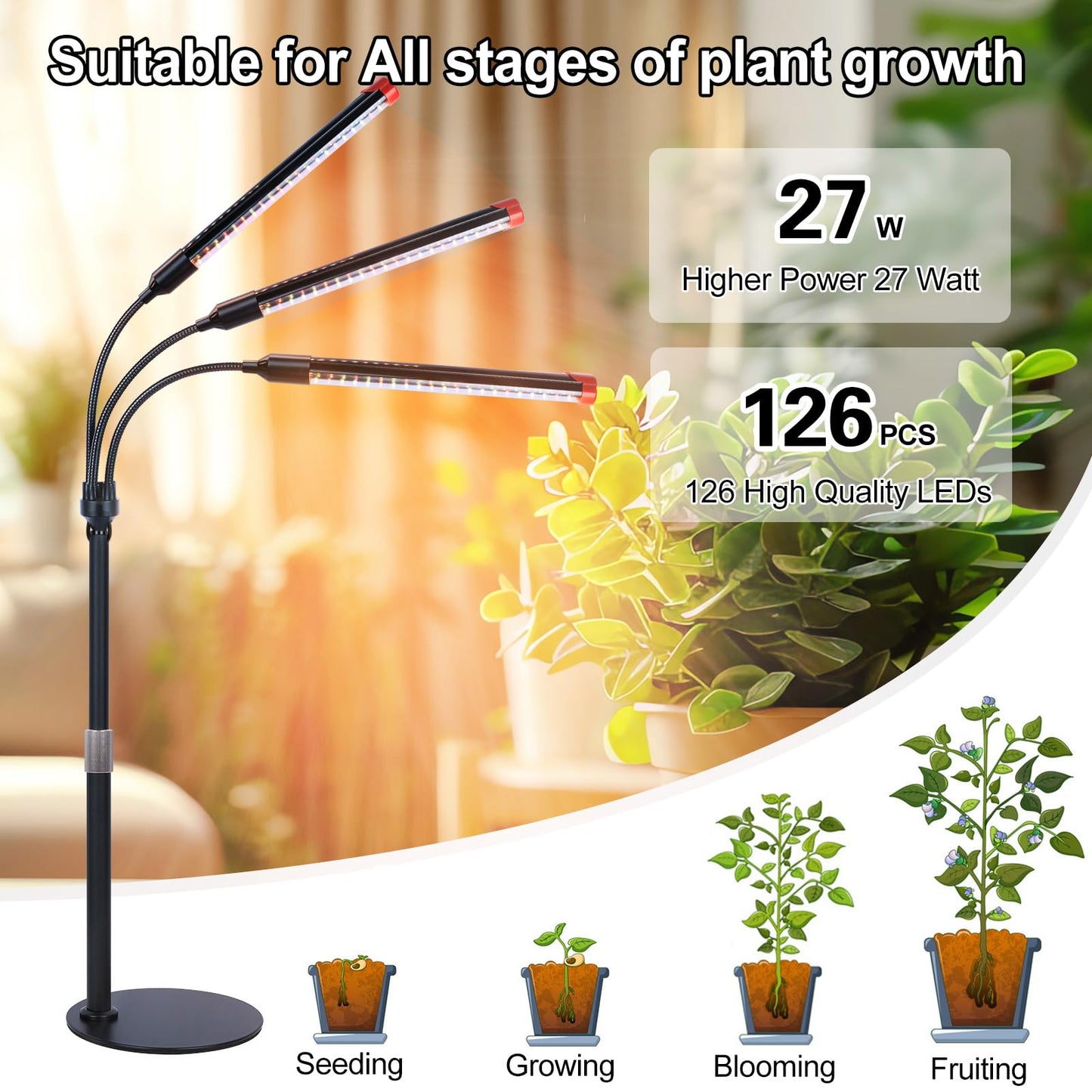 FRGROW 3Head Tabletop Grow Lights for Indoor Plants, Seed Starting, Vegetables, Bonsai, Bright Desk Plant Growing Lamps, 4/8/12/16/20H Timer, 27 Watt Power Draw, NO Need Adapter, 360° Gooseneck