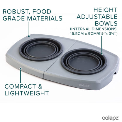 Colapz Collapsible Dog Bowls with Adjustable Stand – Foldable Elevated Food & Water Bowls for Dogs & Cats – Travel, Camping & Car – Silicone Pet Bowls with Carry Bag, Grey