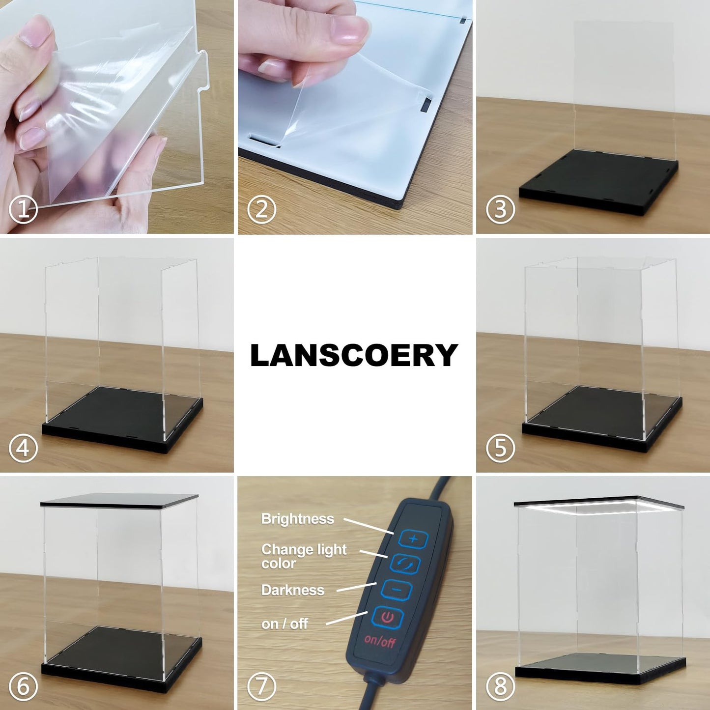 LANSCOERY Acrylic Display Case with Light, 9.8x9.8x13.8 in LED Display Case with 15mm Raised Base, 3mm Clear Panels, 3-Color Dimmable Lighting for Collectibles and Action Figures