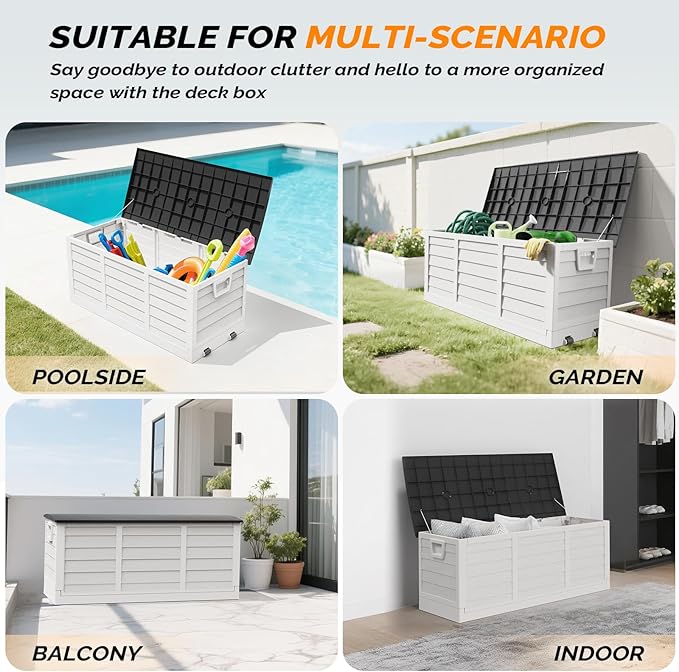 VINGLI 75 Gallon Collapsible Outdoor Storage Box, Simple-to-assemble Plastic Storage Containers with Lid, Patio Deck Box Furniture for Garden, Pool, Balcony, Yard (White)