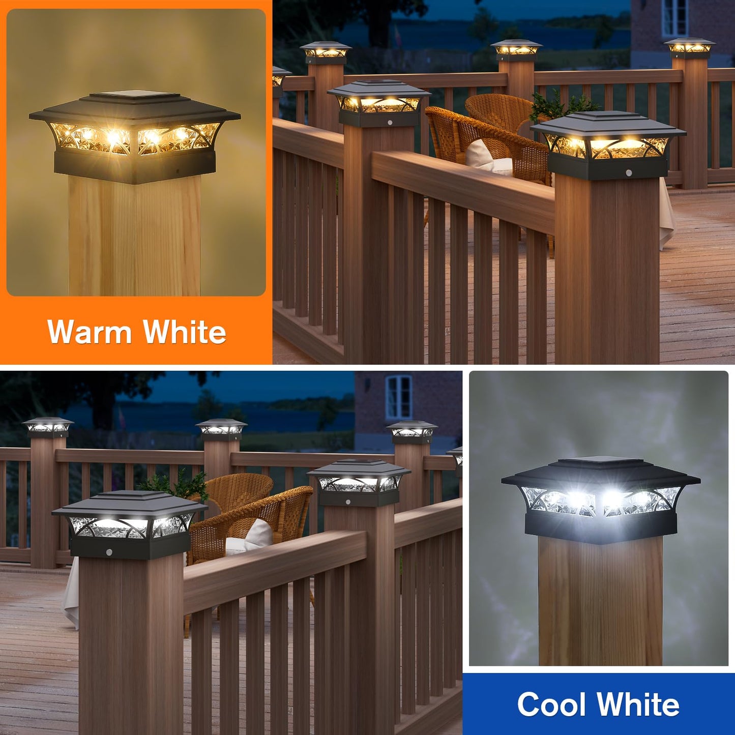 APONUO Solar Post Cap Lights 16 Pack - 4x4 5x5 6x6 Fence Post Lights, Auto On/Off, Waterproof IP64, 2-Mode (Warm/Cool White), Deck Patio Yard Solar Light for Wood & Vinyl Posts, Black
