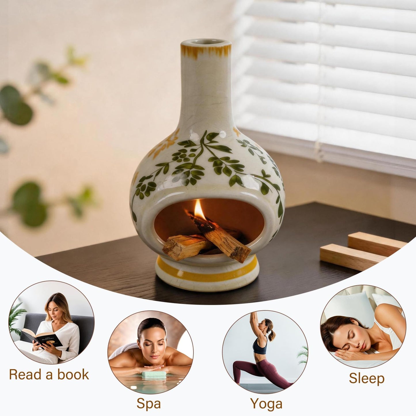 MOUGIGI Palo Santo Burner with Chimney-Unique Ceramic Incense Holder for Sage and Cones-Retro Ice Crackle Design-Perfect for Meditation,Yoga, Home Decor-Ideal Gift for Aromatherapy Lovers