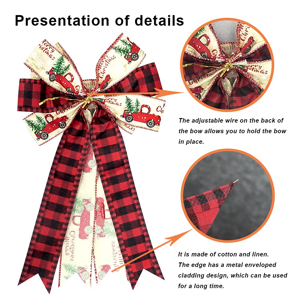Large Christmas Bow for Wreath, Red Black Buffalo Plaid Bows for Front Door Wall Fence Decor, Tree Truck Snowflake Christmas Wreath Bow Tree Topper Bow for Winter Christmas Party Decoration Supplies