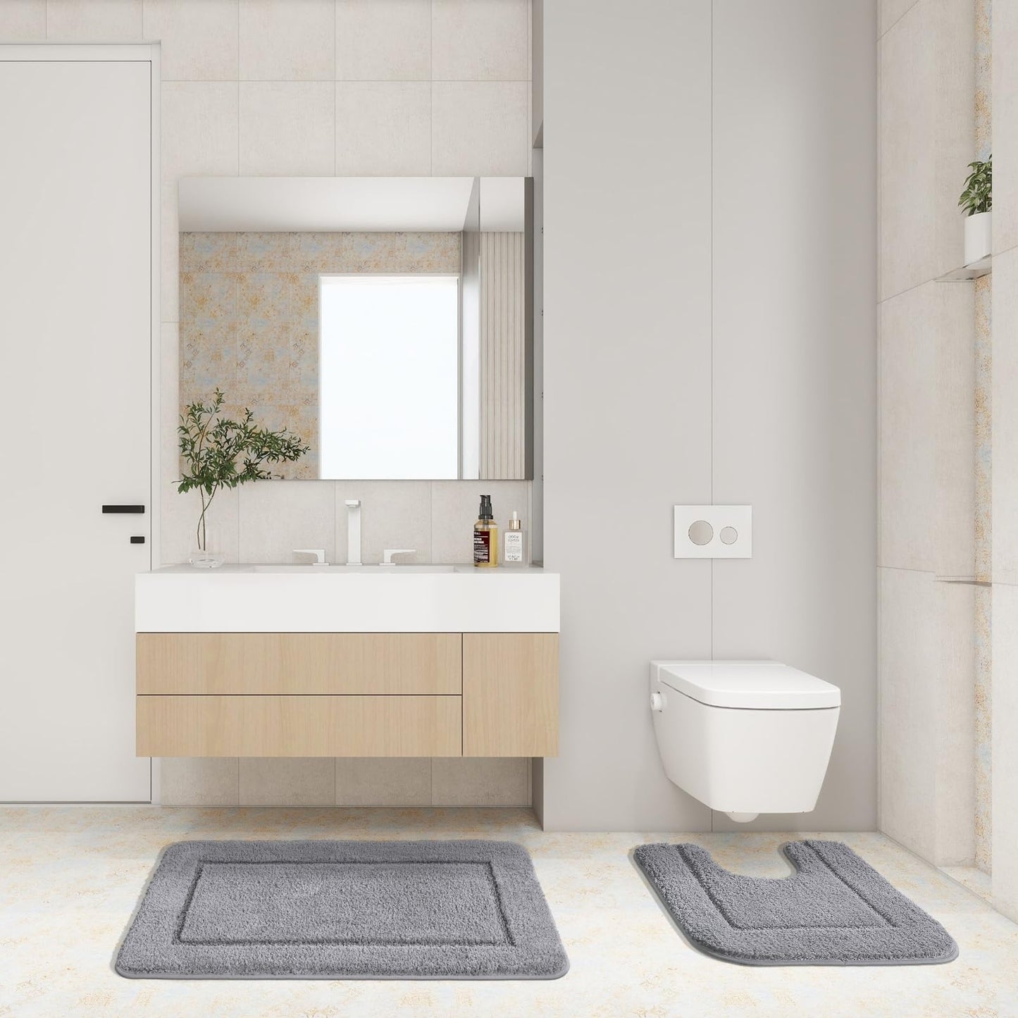 SOANNY Grey Bath Mat Set of 2, High Density Soft Microfiber Non-Slip Bathroom Mats with Water Absorbent, 53x86 cm Bathtub Rug & 50x50 cm Toilet Pedestal Carpet, Shower Rugs Machine Washable