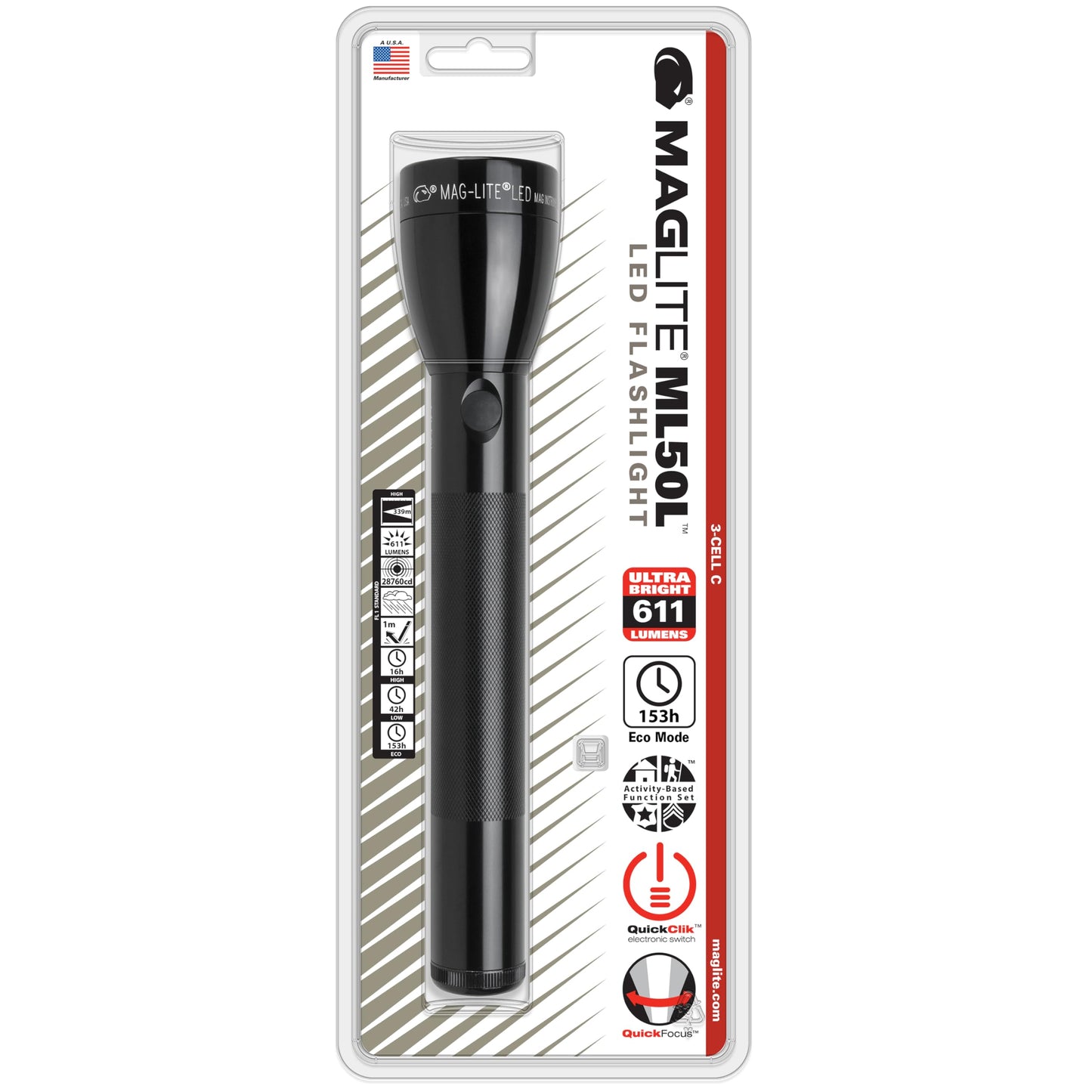 Zenitech Maglite ML50L 3 C-Cell Flashlight, Aluminium, Black, 454 g, 611 lm