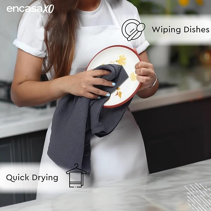 Encasa XO Kitchen Dish Towels Set | Grey | Waffle Weave and Flat Hand Tea Towel