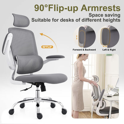 TONFARY Ergonomic Home Office Chair, High Back Mesh Desk Chair with Adjustable Lumbar Support, Flip-up Armrest, Removable Headrest, Swivel Computer Gaming Chair, Space Saving, 330LBS (White+Grey)