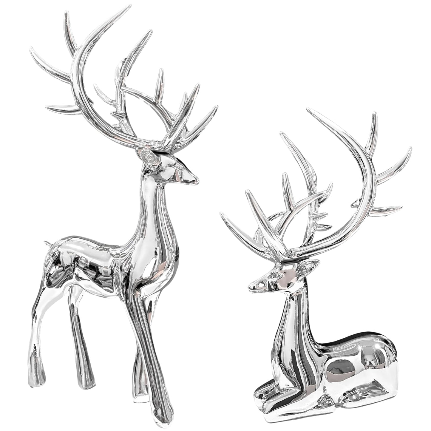 2PCS Silver Christmas Reindeer Figurines, Resin Elk Sculpture Statues, Standing Sitting Reindeer Statues, Xmas Ornaments for Home Living Room Office TV Cabinet, Ideal Christmas/New Year Seasonal Gift