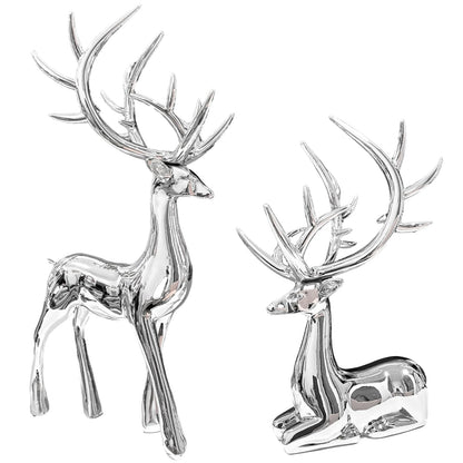 2PCS Silver Christmas Reindeer Figurines, Resin Elk Sculpture Statues, Standing Sitting Reindeer Statues, Xmas Ornaments for Home Living Room Office TV Cabinet, Ideal Christmas/New Year Seasonal Gift