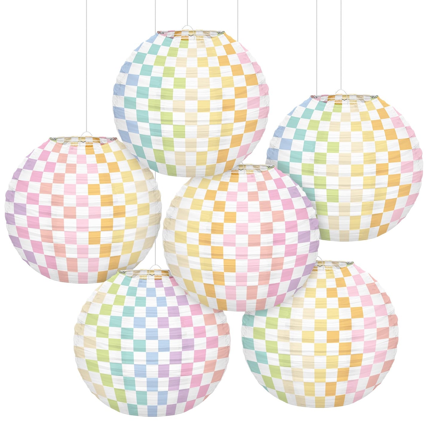 6pcs Pastel Checkered Paper Lanterns Party Decoration, 8inch Pink Gingham Ruond Hanging Lanterns Party Decor for Home Yard Ceiling Classroom Wedding Engagement Birthday Christmas Supplies