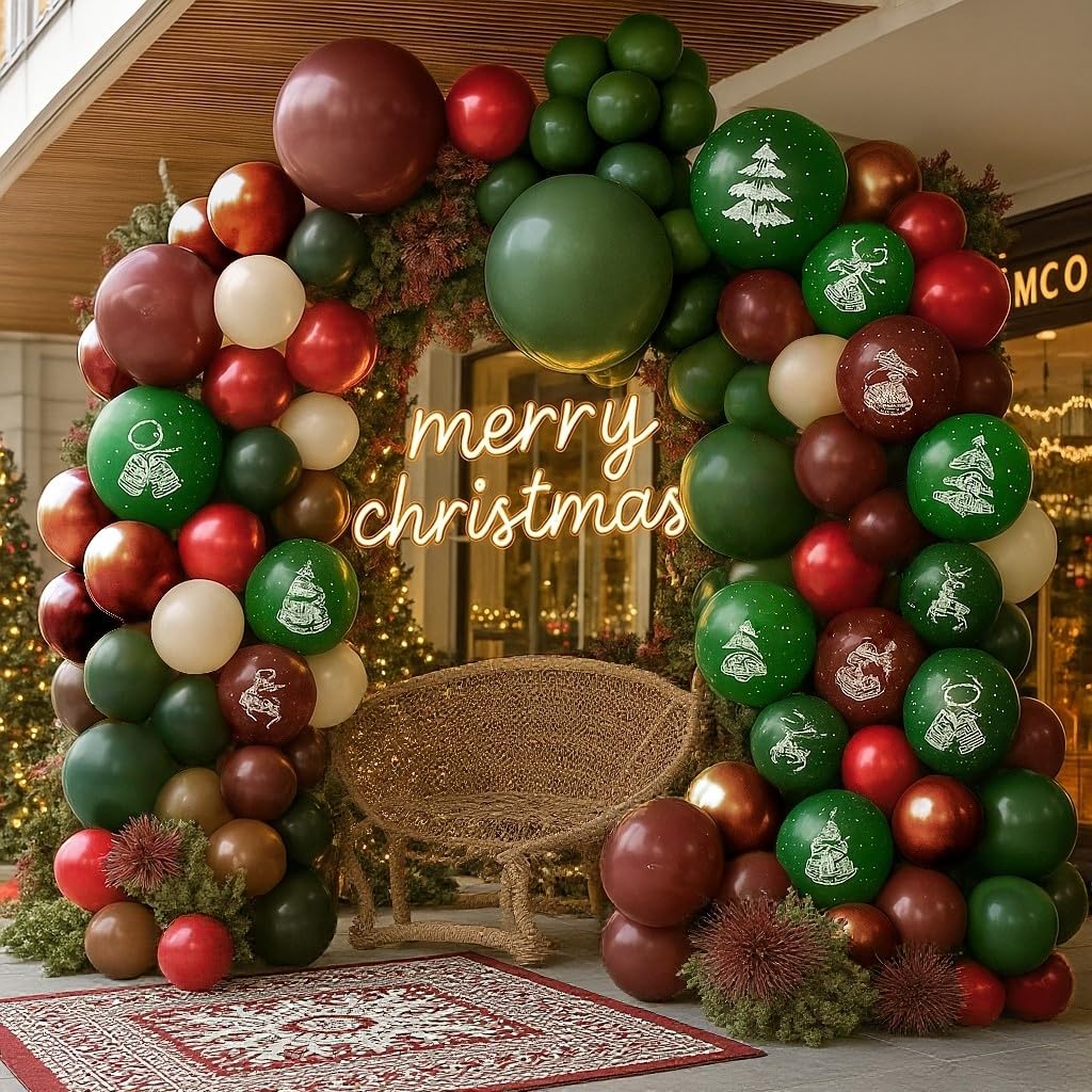 Retro Christmas Decorations Balloon Arch, Ruby Red Green White Balloon Garland with Bell Deer Print Metallic Bronze Gold Balloons Deer Foil Mylar Balloons for Xmas New Year Winter Festive Party Decor