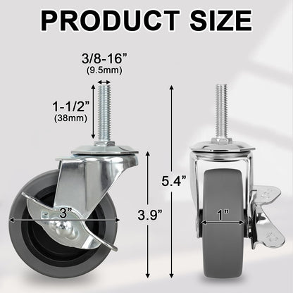 AAGUT Caster Wheels, 3 Inch Rubber Heavy Duty 3/8"-16 x1-1/2 Threaded Stem Industrial Castors, Locking Brakes Metal Swivel Wheel, Replacement for Carts Furniture Dolly Workbench Trolley,Set of 4