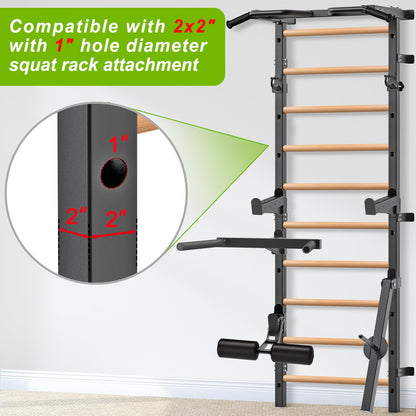 Kipika Gymnastic Stall Bar - 2"x2" Swedish Ladder with 1" Hole, Wall Mounted Pull-up Bar Ladder Suspension Trainer, Solid Wood Grips Gymnastics Training Bar for Home, Wall Gym, School
