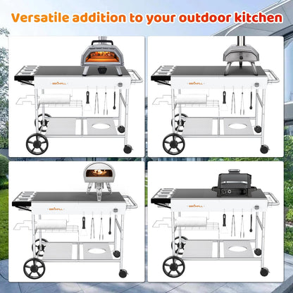 Pizza Oven Table Grill Cart with Topping Station, Grill Table Stand with Wheels for Ninja, Blackstone Griddle, Ooni, Gozney, Cuisinart, Heavy Duty BBQ Prep Cart with Storage Shelf and Hooks