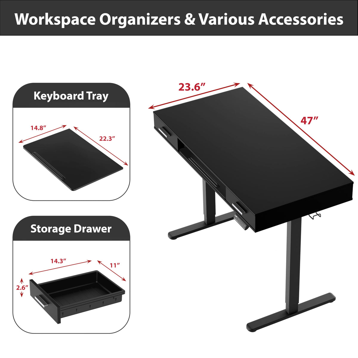 SHW 48-Inch Electric Height Adjustable Desk with Keyboard Tray and 2 Drawers, Black