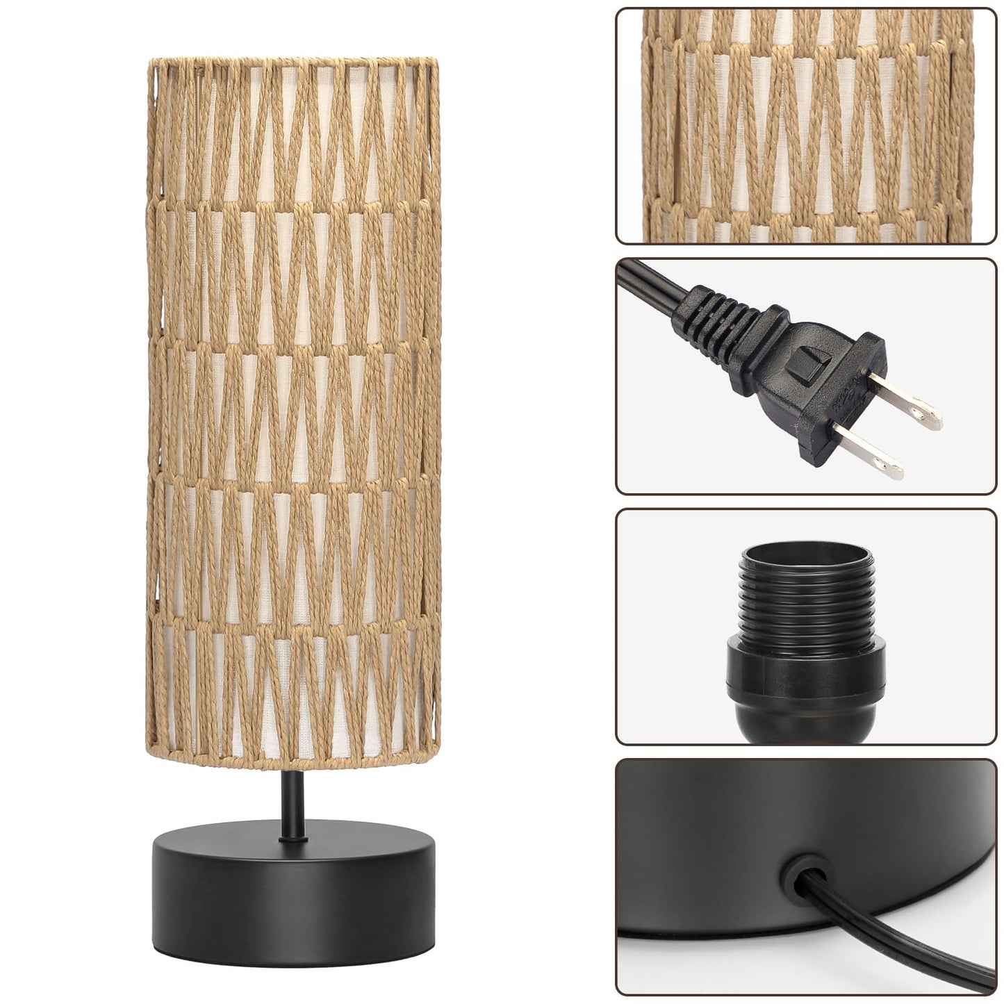 Rattan Table Lamp, Touch Control Bedside Table Lamp with Black Base, 3 Way Dimmable Nightstand Lamp with Dual-layer Shade, Boho Night Light for Bedroom Living Room Home Office, 9W LED Bulb Included