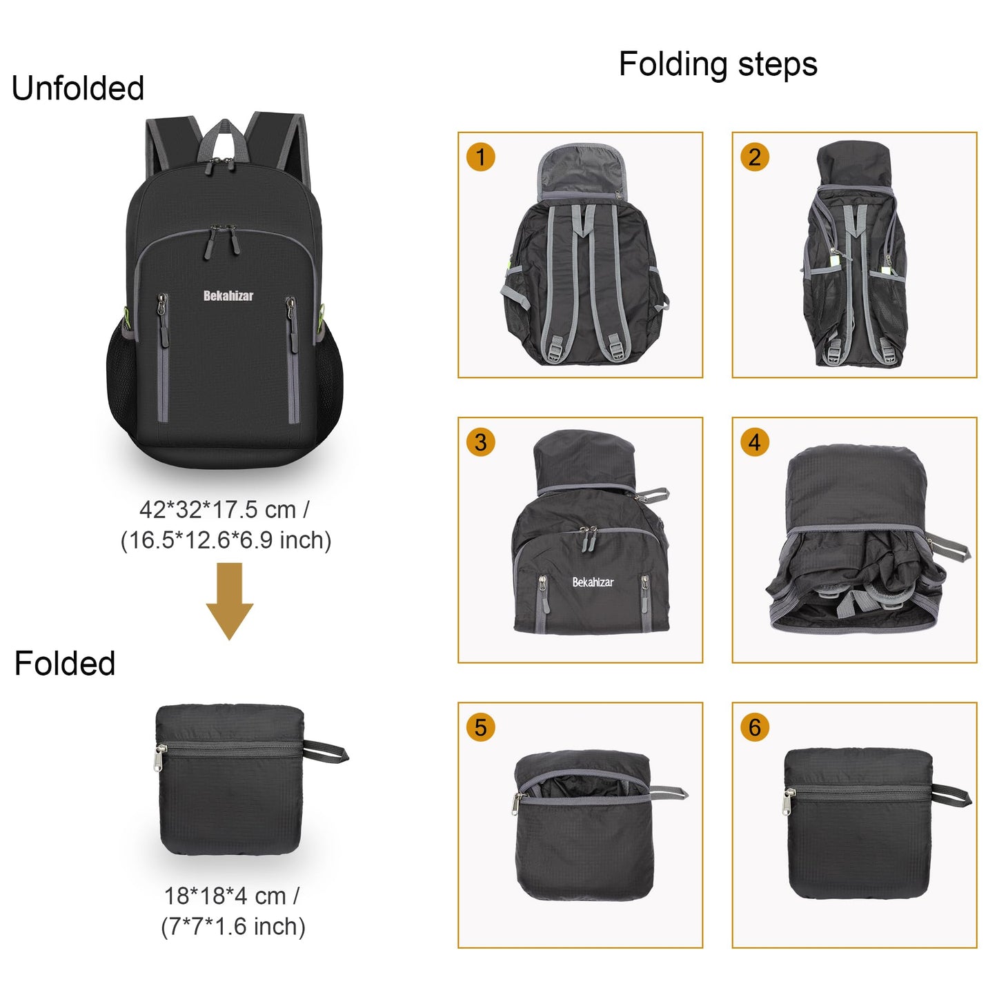 Bekahizar 20L Ultra Lightweight Backpack Foldable Hiking Daypack Rucksack Water Resistant Travel Day Bag for Men Women Kids Outdoor Camping Mountaineering Walking Cycling Climbing (Black)