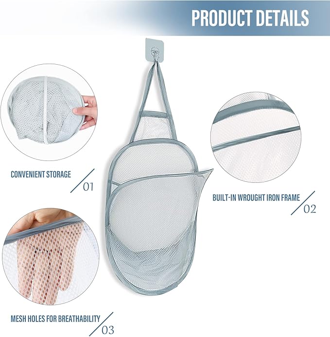 3 Pieces Hanging Laundry Hamper Foldable Mesh Hamper Dirty Cloth Basket