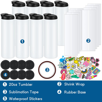 24Pack 20 oz Sublimation Tumblers Dual Opening Blank Bottles Triple-Insulated Stainless Steel Water Bottle with Straw Lid Blank Tumbler Bulk with Shrink Wrap, Rubber Base, Heat Tape for Heat Transfer