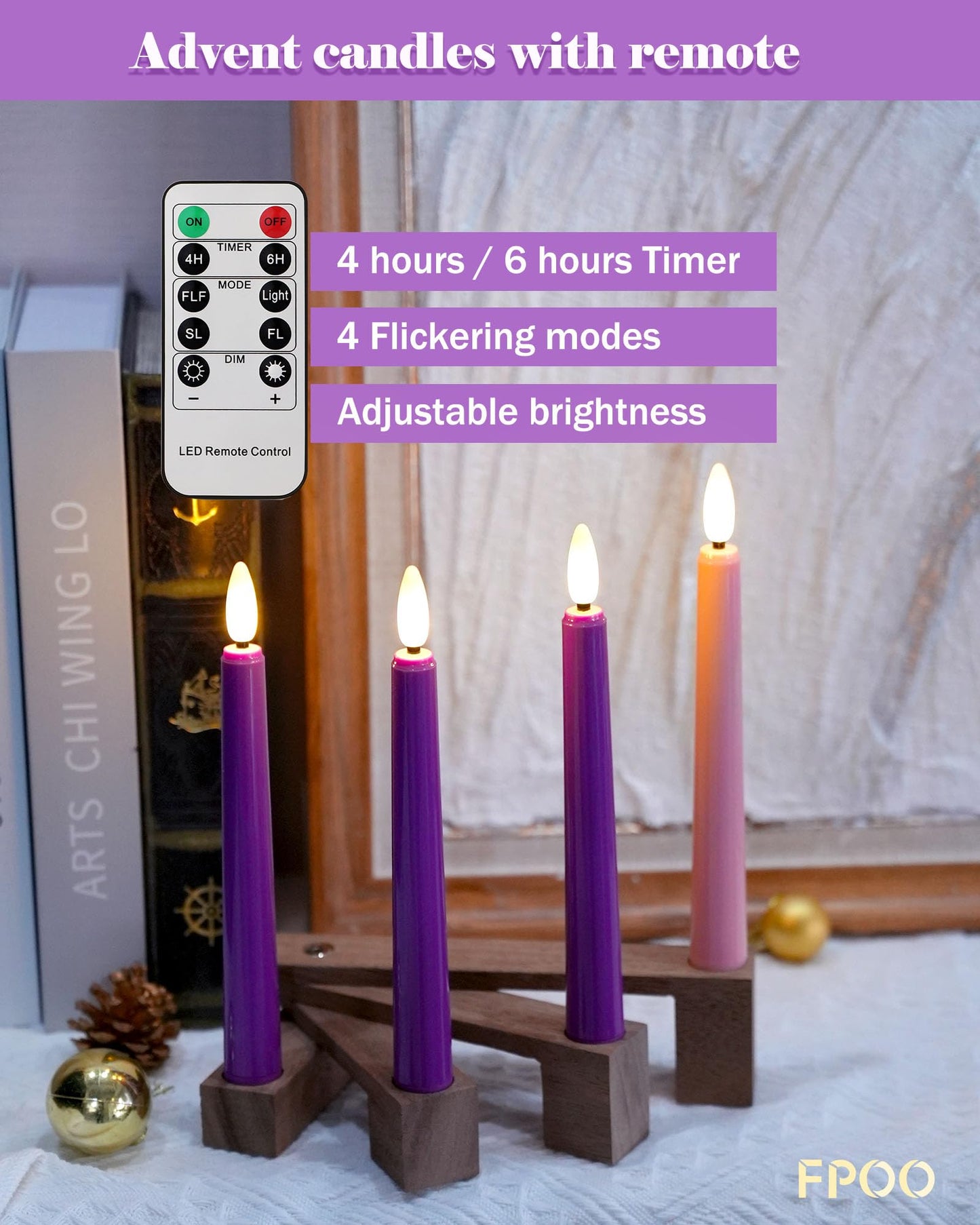 FPOO Flameless Advent Candles with Wooden Candle Holder, Advent Candles Battery Operated 3 Purple and 1 Pink LED candlesticks for Advent Decoration (4 Packs)