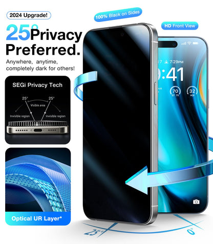 UltraGlass 9H+ Glass for iPhone 15 Pro Max Privacy Screen Protector [Invisible Privacy Armor] Screen Protector 15 Pro Max Tempered [Full Coverage & Longest Durable] 15 ProMax, 2 Pack