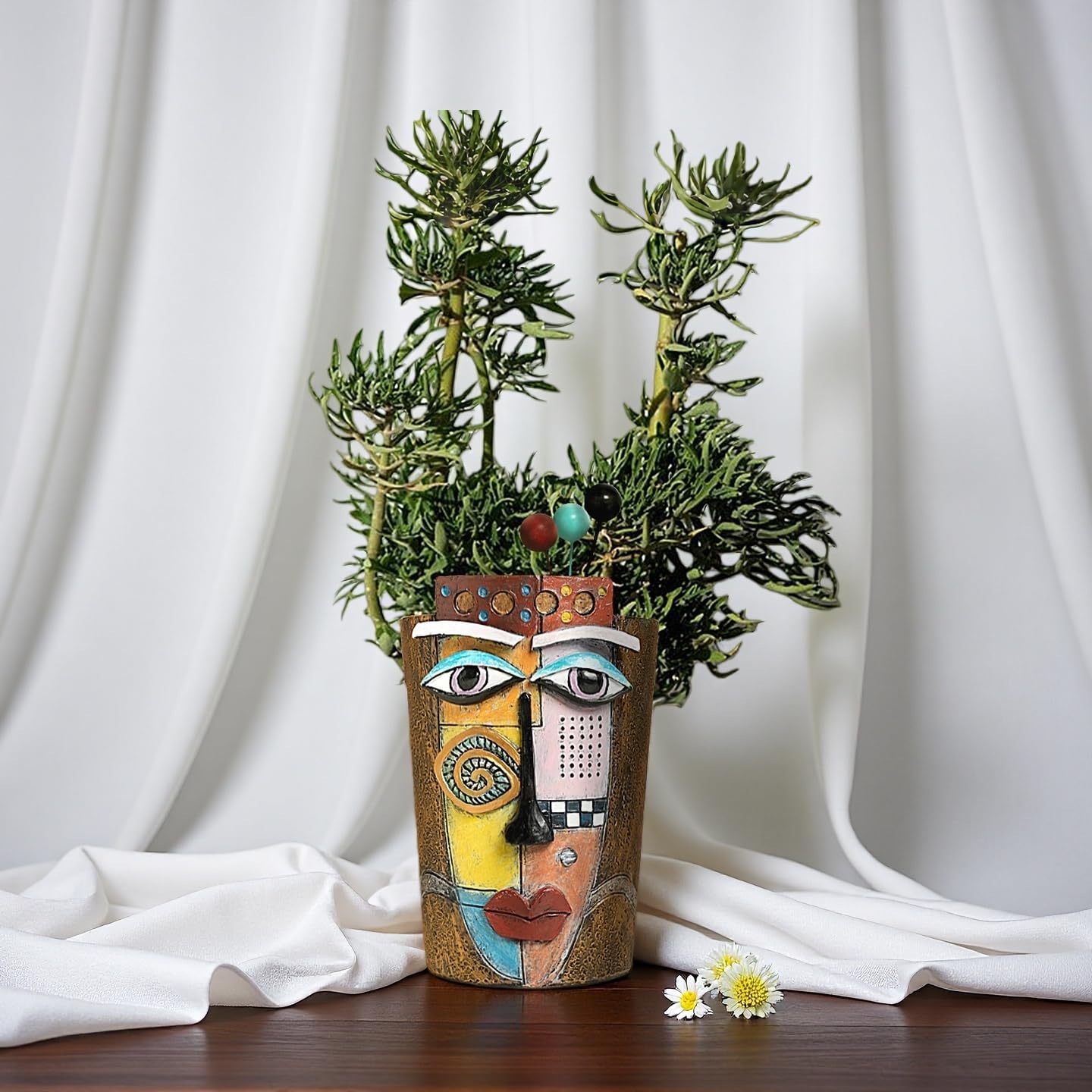 Yhupl Picasso Abstract Face Flower Pot,Plant Pot with Facial Expressions,Handmade Resin Plant Pot with Drainage Holes,for Indoor and Outdoor Botanical Home décor (Brown Large)