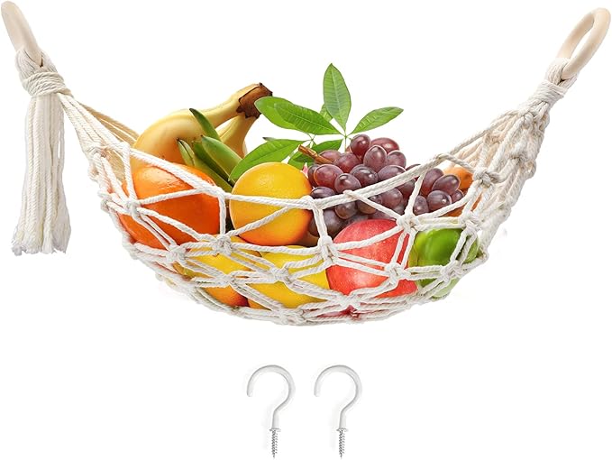 Hanging Fruit Hammock with Hooks, Hanging Fruit Basket Under the Kitchen Cabinet