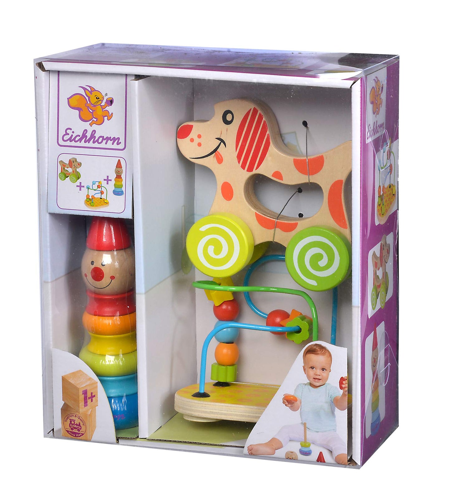 Eichhorn 100003750 Educational Play Set Consisting of Clown, Motor Skills Bow and Sliding Dog, 3 Pieces, Motor Skills Toy, Wooden Toy, 1 Year to 99 Years