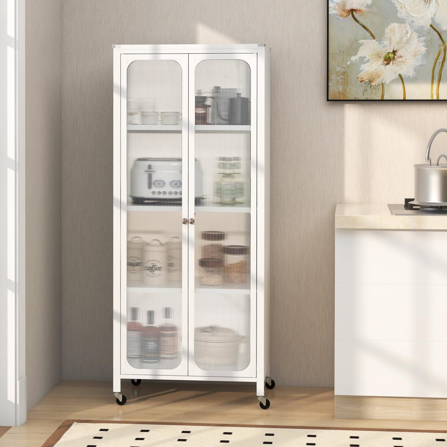 Giantex Bookcase with Doors, 58" Tall 4-Tier Bookshelf with Wheels, Adjustable Shelves, Heavy Duty Metal Frame, Freestanding Display Storage Cabinet for Living Room Bedroom Kitchen Pantry (White)