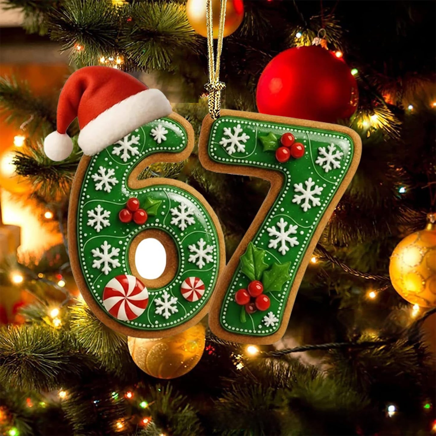 67 Christmas Tree Decoration,6Pcs Fun 67 Christmas Ornament, Cute 67 Ornament Xmas Tree Accessories Christmas Pendants Hanging, Santa Hat Cane Candy Christmas Ornament