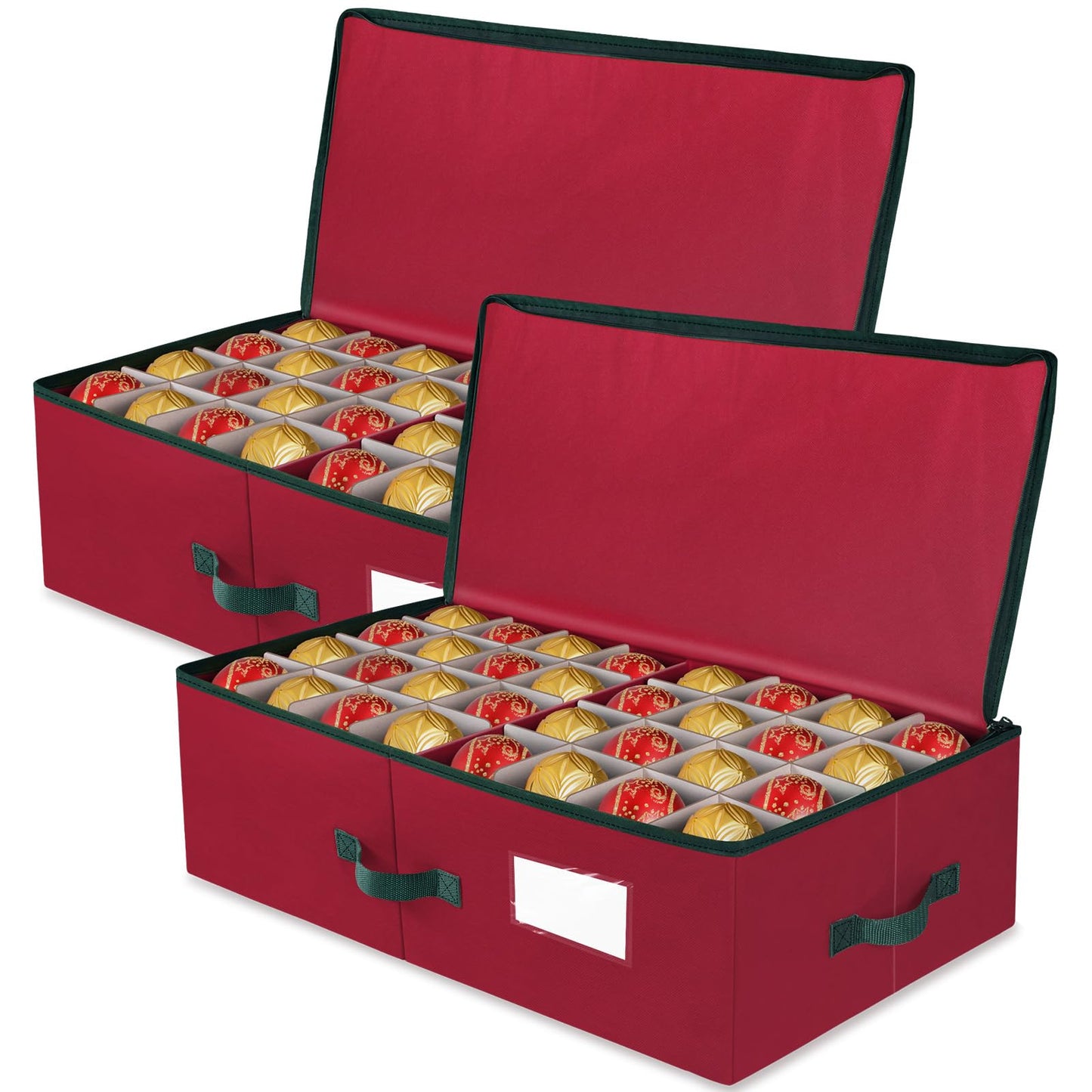 BlessedSeason Christmas Ornament Storage Box with Adjustable Dividers, Cube Storage Containers Organizer *2, Stackable Storage Bins Fit Balls (36 PCS 4’’ & 64 PCS 3”) Dual Zipper, Handles, Visual Slot