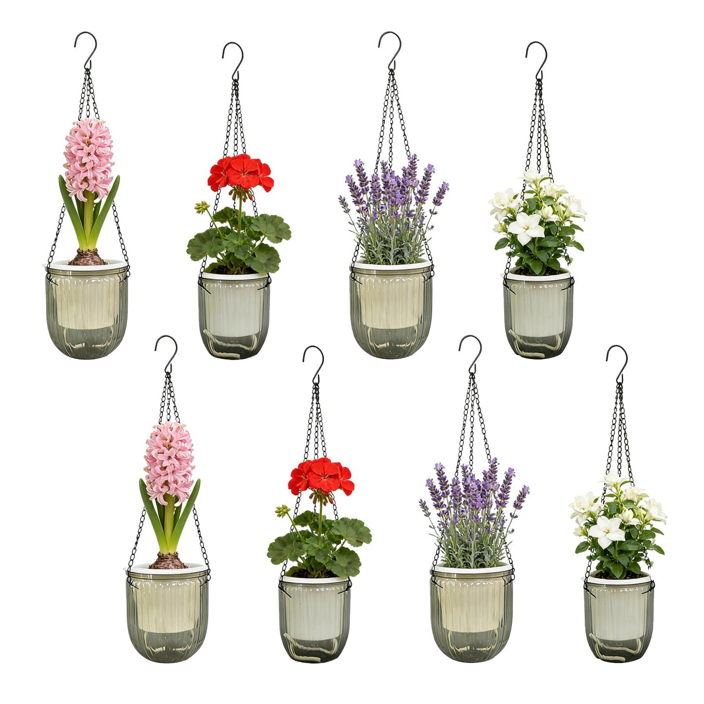 CONEHOY 8 Pcs Self Watering Hanging Planters with 3 Hooks Drainage Holes 6.5'' 4.5'' Self Watering Plant Baskets Hanging Flower Pots for Outdoor Indoor Gift Home (Gray)