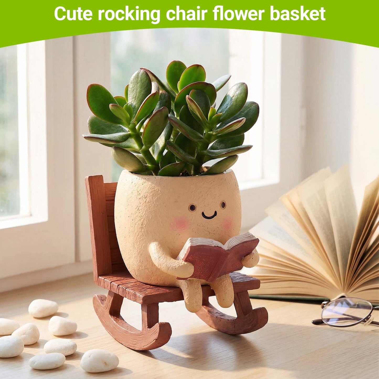 XOMIUHL Rocking Chair Reading Book Planter, Cute Smiley Face Succulent Pots with Drainage Hole, Unique Funny Flower Pot for Indoor Outdoor Plants, Plant Gifts for Mother's Day, Birthday, Christmas