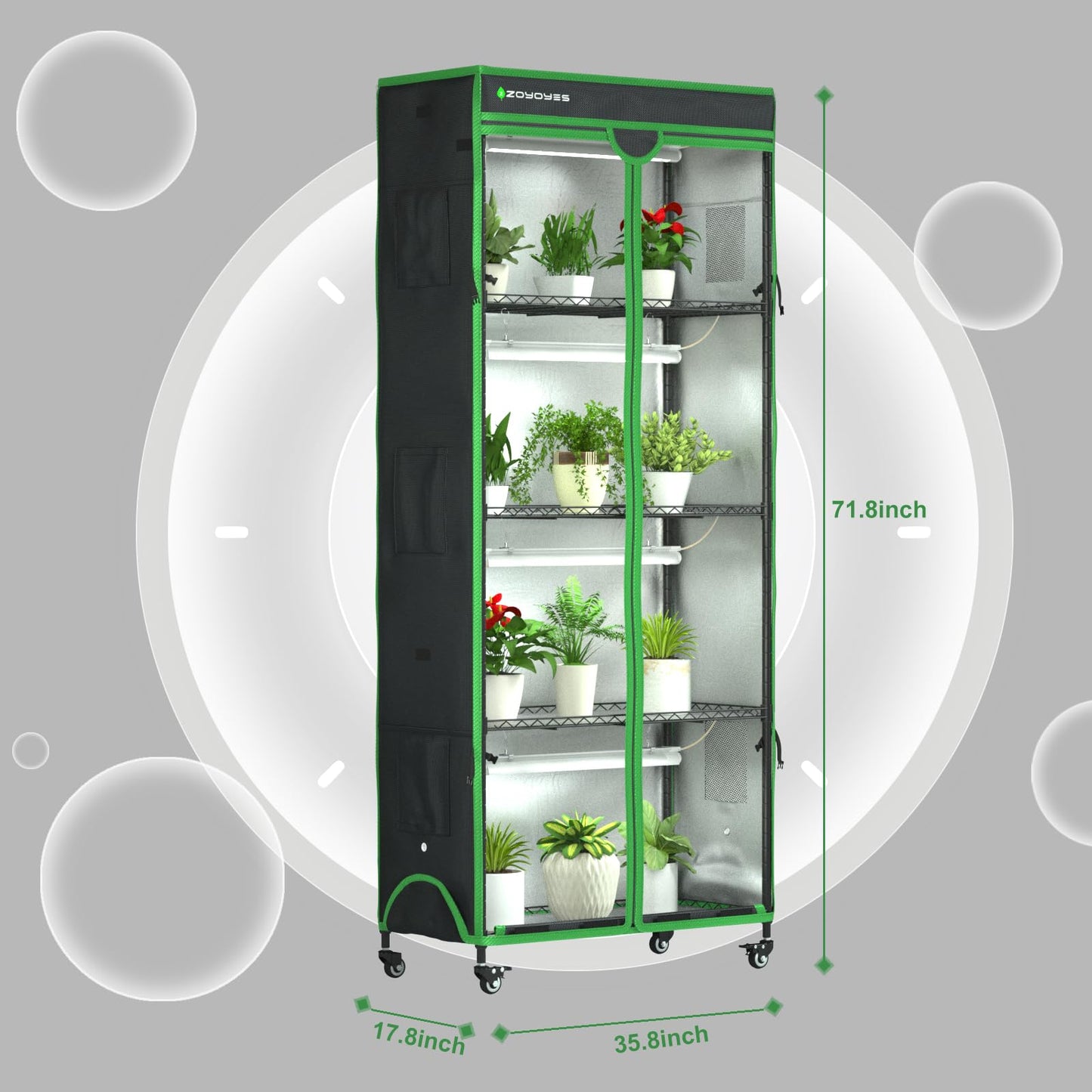 ZOYOYES Indoor Greenhouse with Grow Light, 35.8" W x 17.8" D x 71.8" H, 5-Tier Plant Shelf with 3-Color T8 Growth Lights, Plant Stand with Smart Timing Plug and thermohygrometer